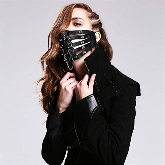 BLACK leather skull chain stud face mask slave bondage BDSM costume cosplay NWT - Picture 4 of 7